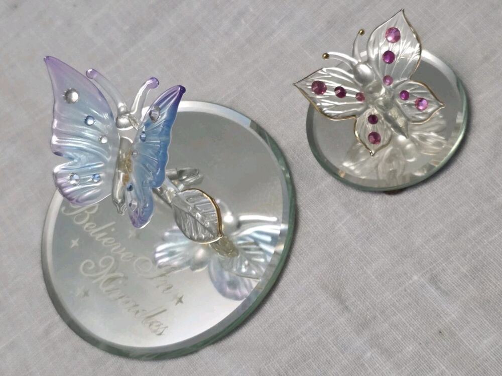Glass Baron Miracles Glass Butterfly on Mirror Base Figurines Swarovski Set Of 2
